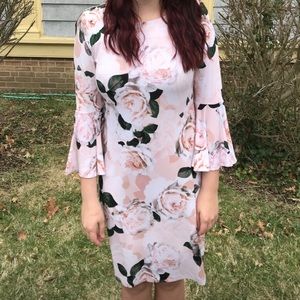 Calvin Klein Floral Sheath Bell Sleeve Dress Pink + Beige
